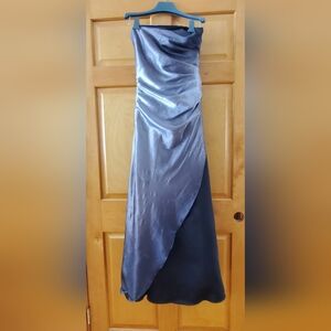 Strapless Grey Satin Overlay Evening Dress